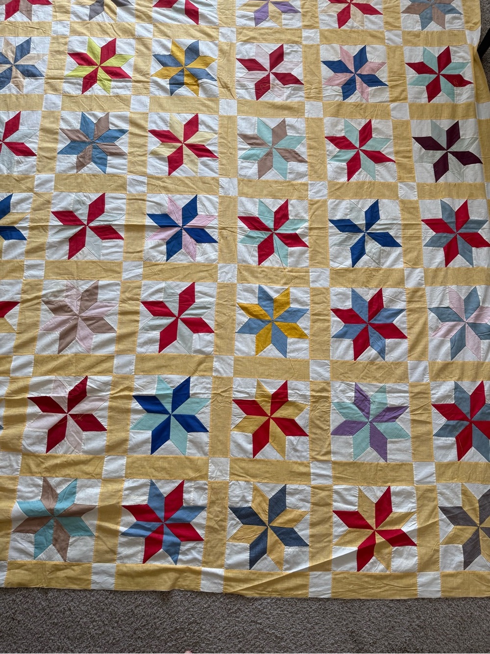 Vintage Handmade Star Patchwork Quilt Top in Yellow, Red, Blue 74”x84”